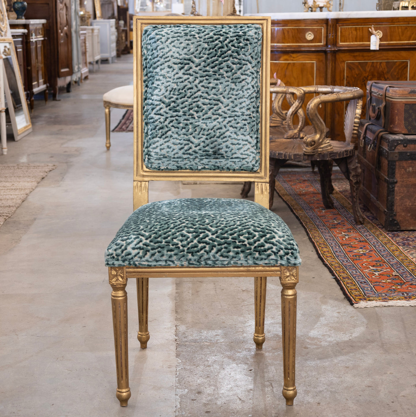 Louis XVI Gilded Dining Chair – Teal Leopard Patterned Velvet