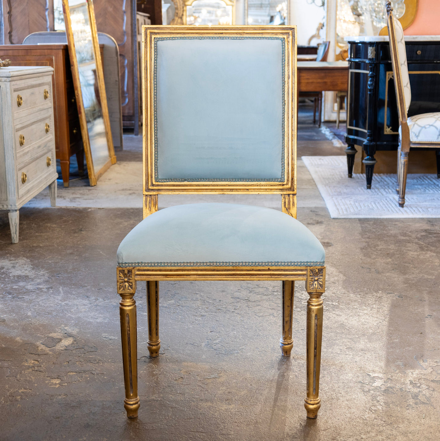 Louis XVI Square Gilded Dining Chair – Blue Velvet Upholstery