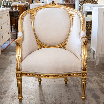 Louis XVI Gilded Round Bergère Chair – White Silk Weave Upholstery