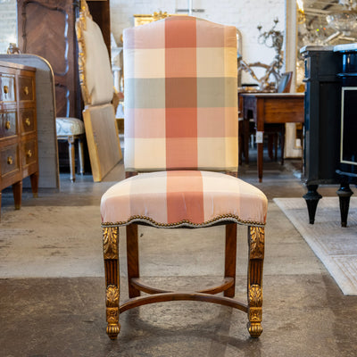Pair of Louis XVI Accent Chairs – Gilded Details & Plaid Upholstery