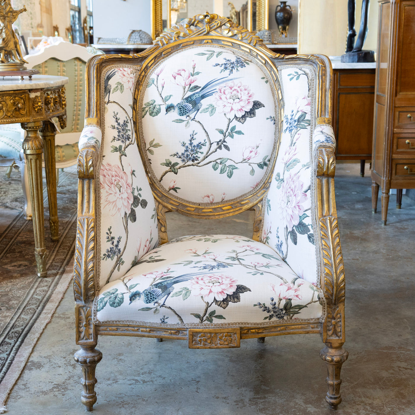 Louis XVI Gilded Bergère Chair – Chinoiserie Floral Linen & Green Velvet Upholstery