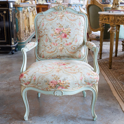 Louis XV Armchair – Soft Green Painted Frame with Aubusson Floral Upholstery