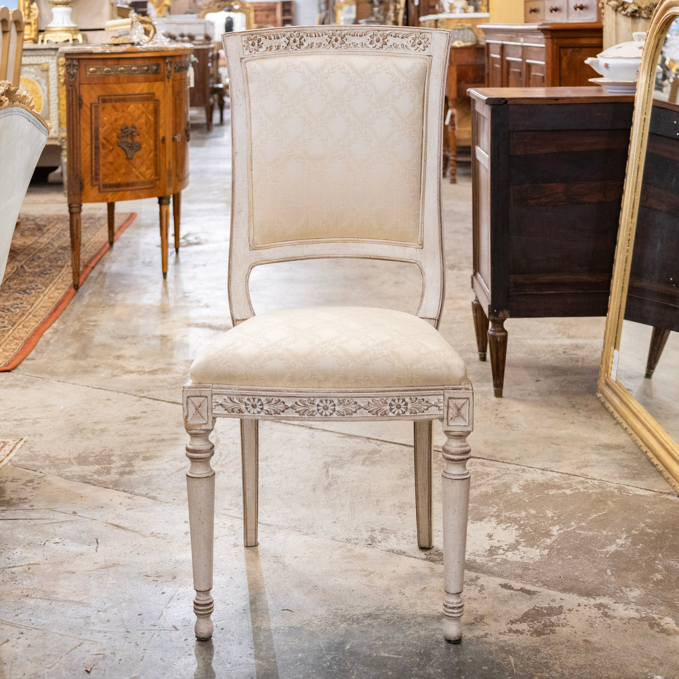 Louis XVI Antique White Dining Chair –  Original Cream Damask Upholstery