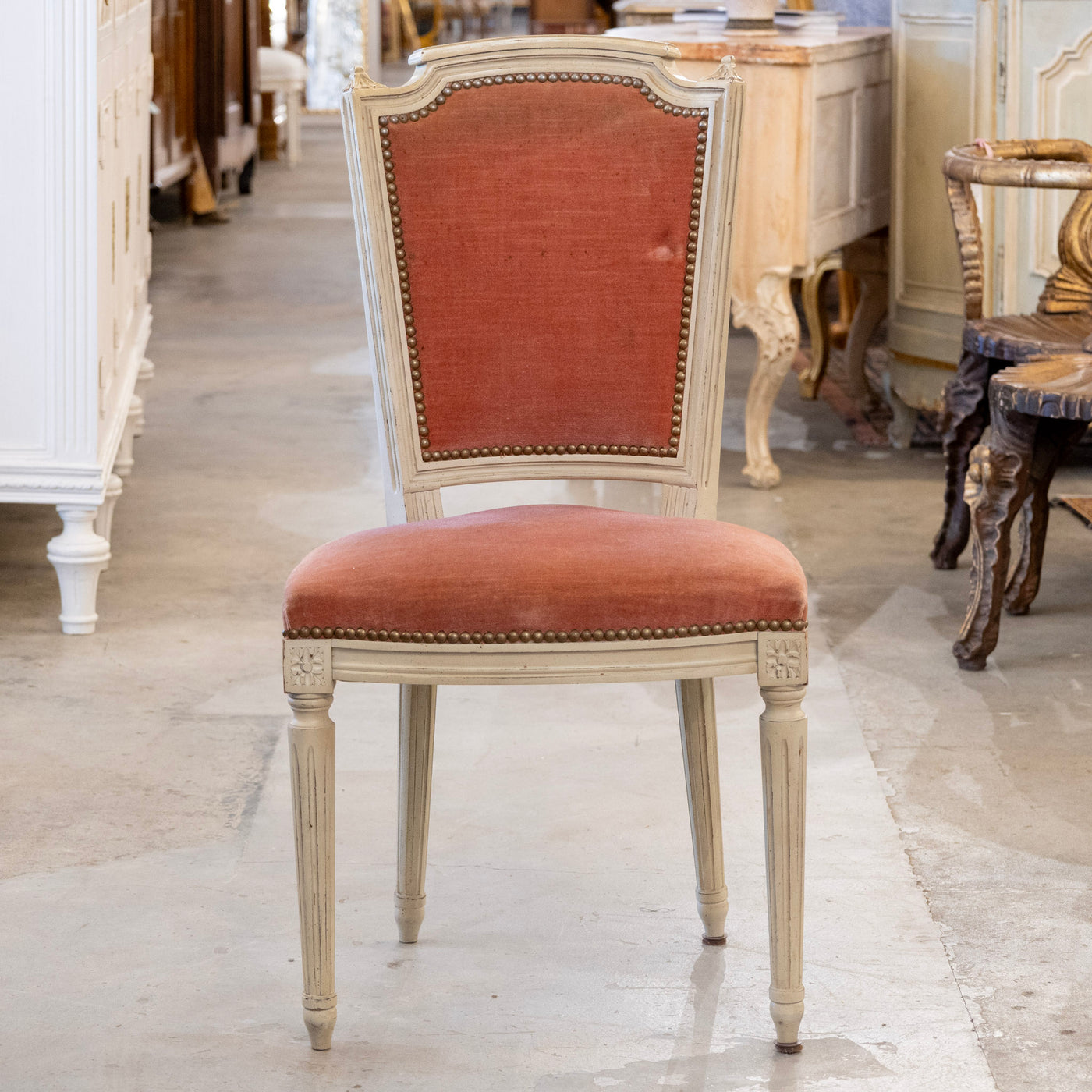 Louis XVI Dining Chair – Antique White Frame with Original Deep Rose Upholstery