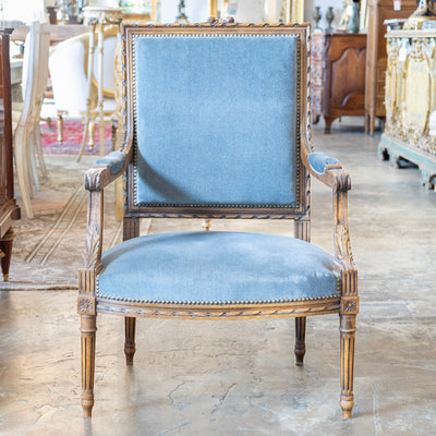 Louis XVI Carved Armchair – Wood Frame with Blue Velvet Upholstery
