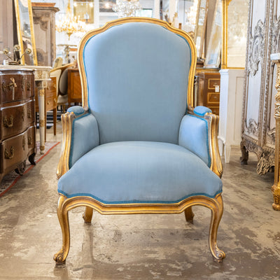 Louis XV Gilded Bergère Gilded Chair – Blue Velvet Upholstery - Bergère Chairs | Le Chateau (Atlanta, GA) • 1