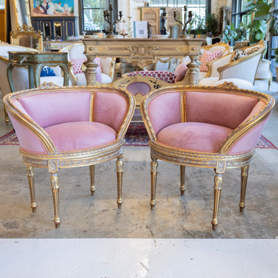 Pair of Louis XVI Petite Gilded Bergère Chairs – Velvet Deep Rose Upholstery - Accent Chairs | Le Chateau (Atlanta, GA) • 3