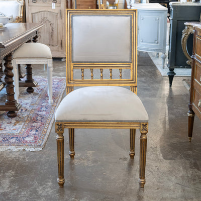Louis XVI Square Open Back Gilded Dining Chair – Soft Grey Velvet Upholstery