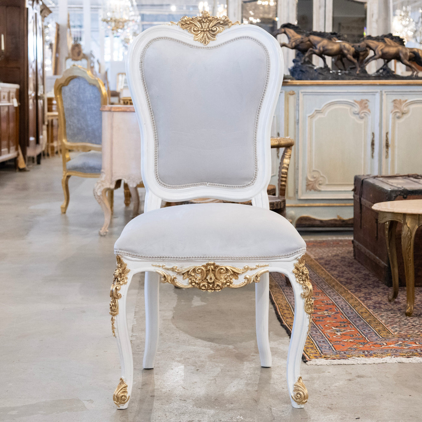 Grand Louis XV Style White & Gold Round Dining Chair – Grey Velvet Upholstery