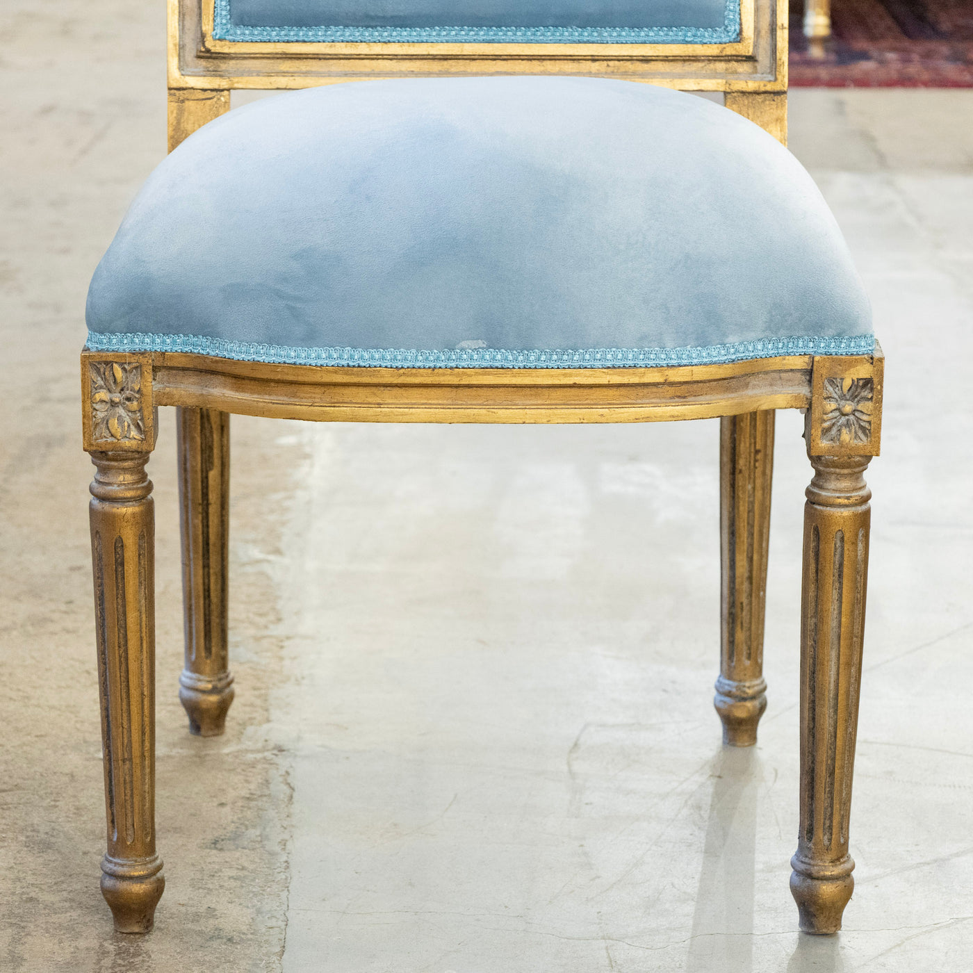 Louis XVI Gilded Square Dining Chair –  Carved Crest & Blue Velvet Upholstery