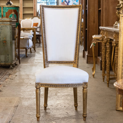 Louis XVI Tall Back Gilded Dining Chair – White Linen Upholstery