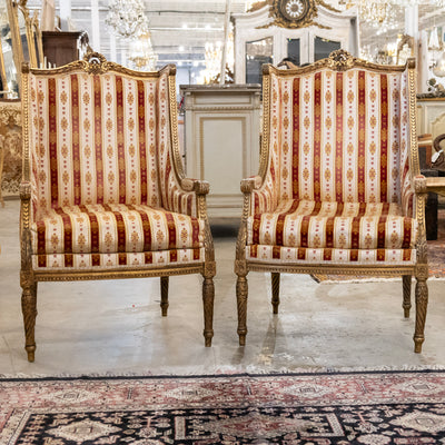 Pair of Louis XVI Gilded Armchairs – Striped Damask Upholstery