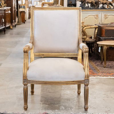 Pair of Louis XVI Gilded Captain Chairs – Cream Velvet Upholstery