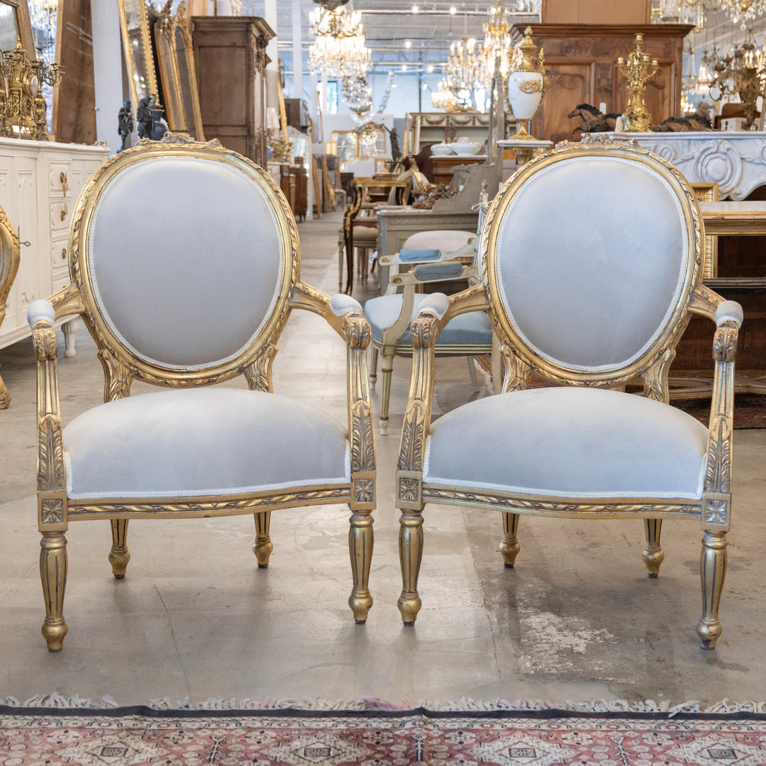 Pair of Louis XVI Gilded Oval Arm Chairs – Light Gray Velvet