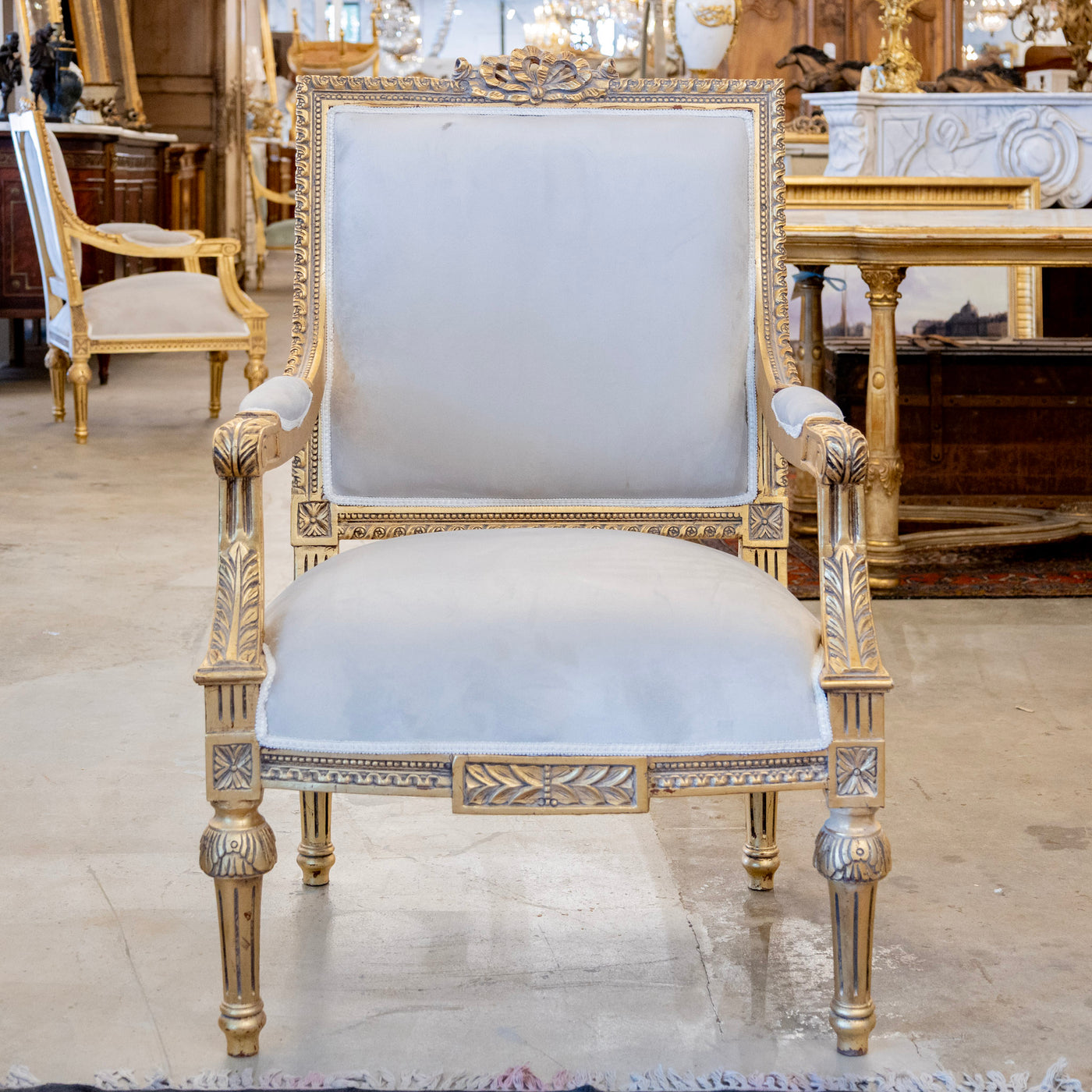 Pair of Louis XVI Gilded Square Arm Chairs – Gray Velvet Upholstery ...