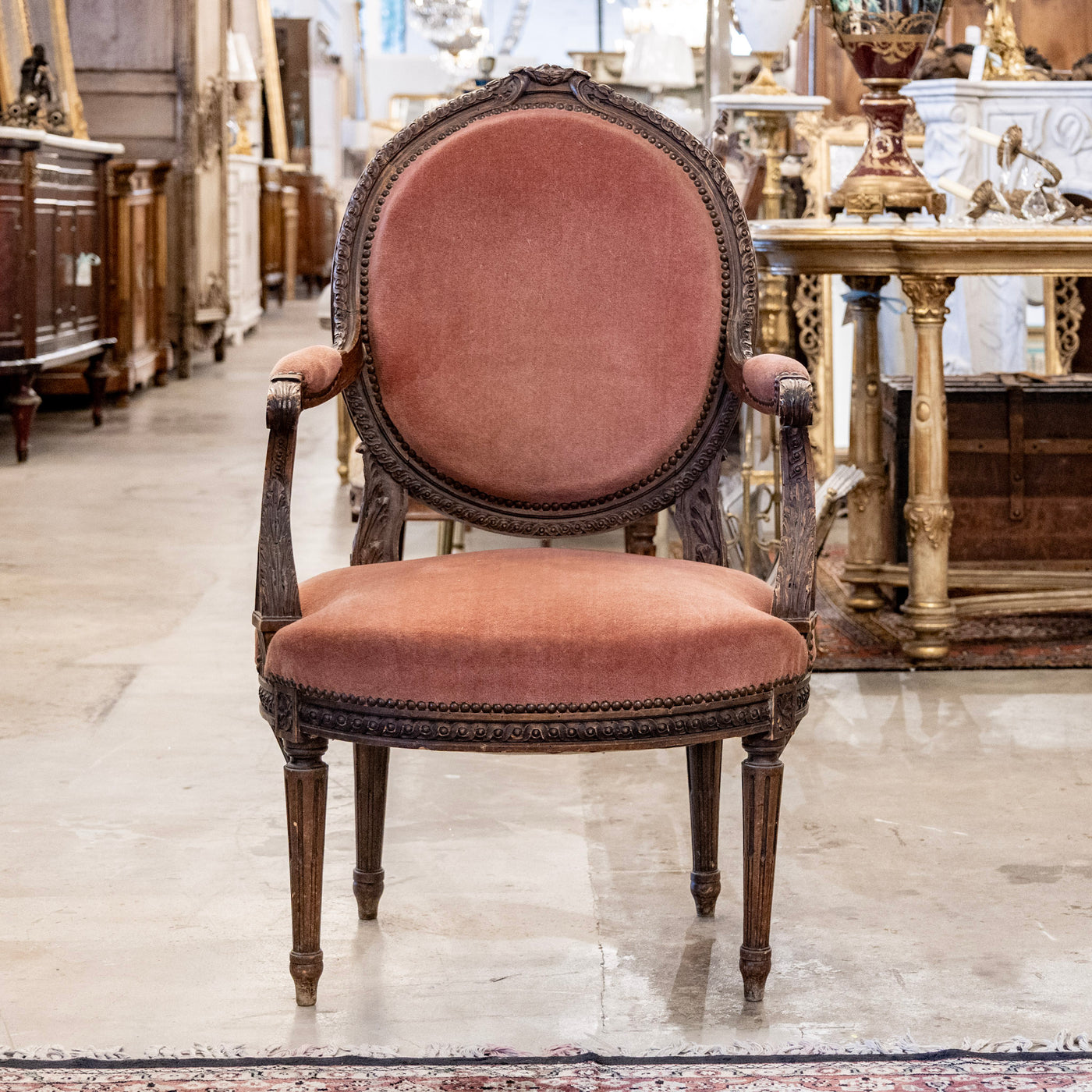Pair of Louis XVI Arm Chair – Oval Back & Original Rose Velvet