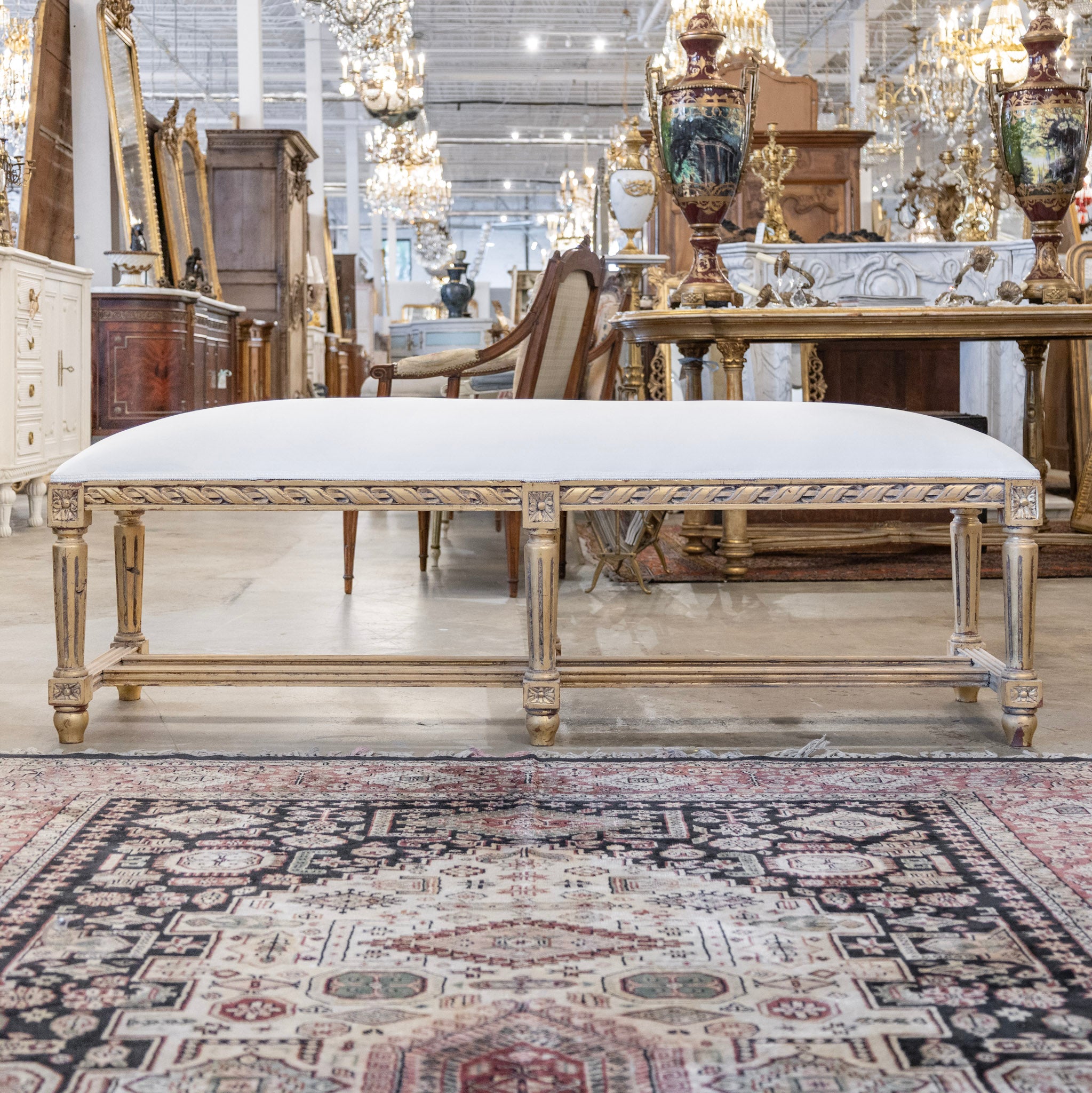 Louis XVI Gilded Bench – Twisted Ribbon Trim & White Velvet Upholstery ...