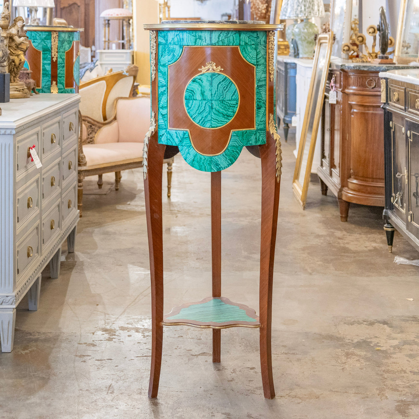 Ornate French Malachite Inlay Pedestal Plant Stand – Gilded Bronze
