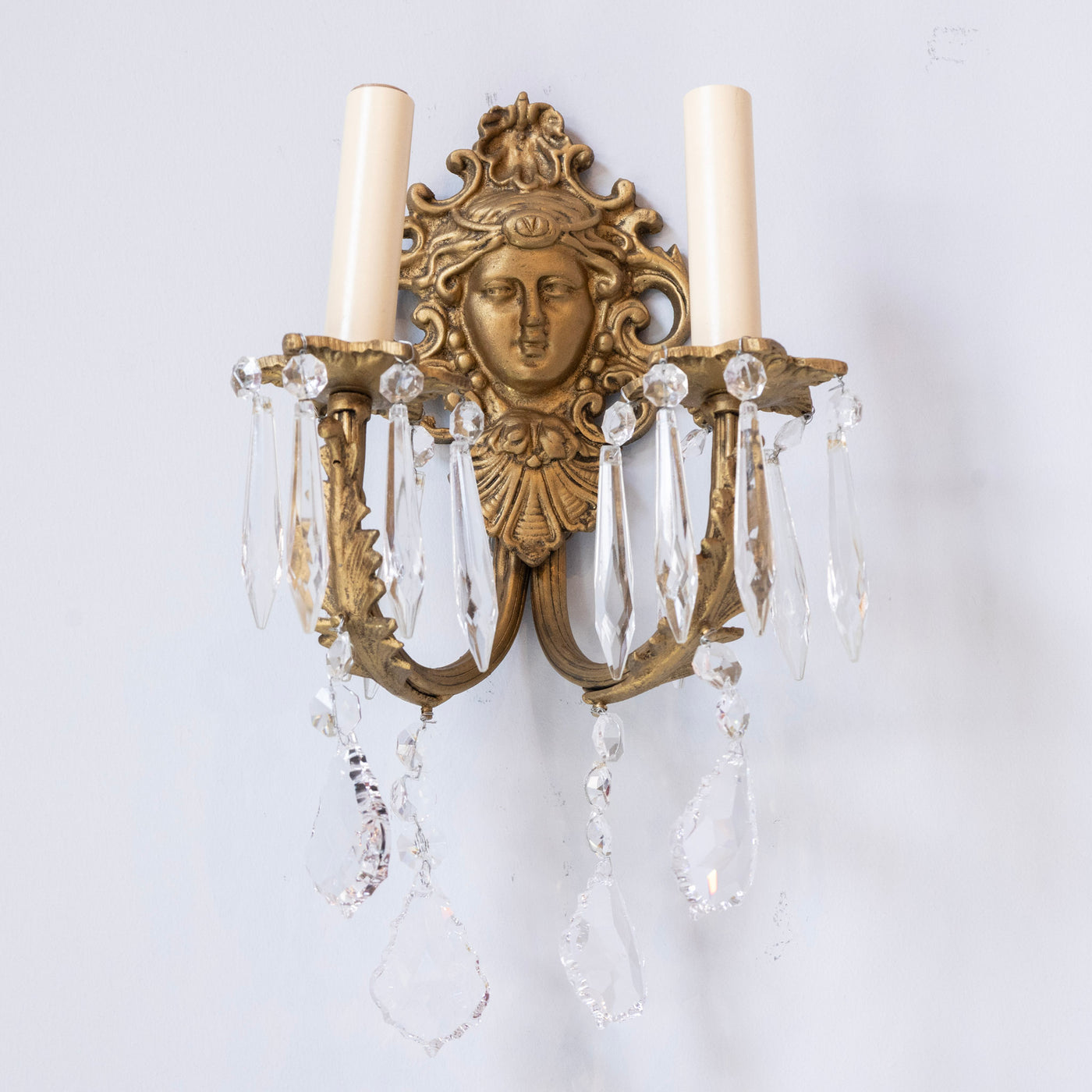 Pair of Medusa Rococo Brass Wall Sconces –  Swarovski Crystal Drops