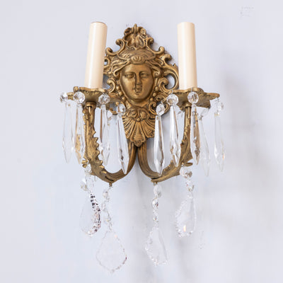 Pair of Medusa Rococo Brass Wall Sconces –  Swarovski Crystal Drops