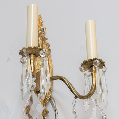 Pair of Louis XVI Gilded Brass Sconces – Carved Oval Backplate & Crystal Drops