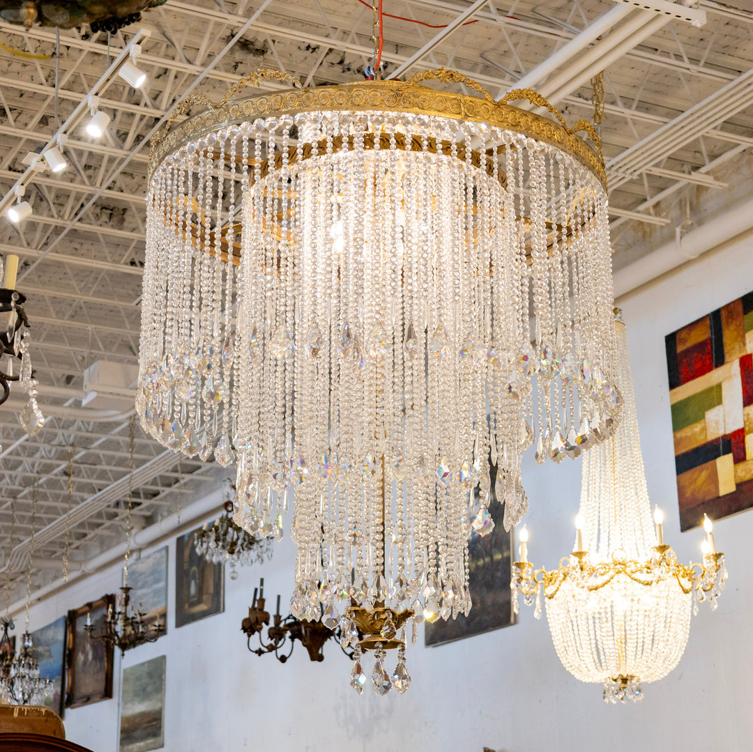 Grand French Triple Tiered Brass Chandelier – Beaded Crystal