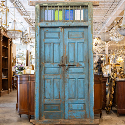 Blue Painted Double Doors – Distressed Finish with Stained Glass Transom - Door | Le Chateau (Atlanta, GA) • 1
