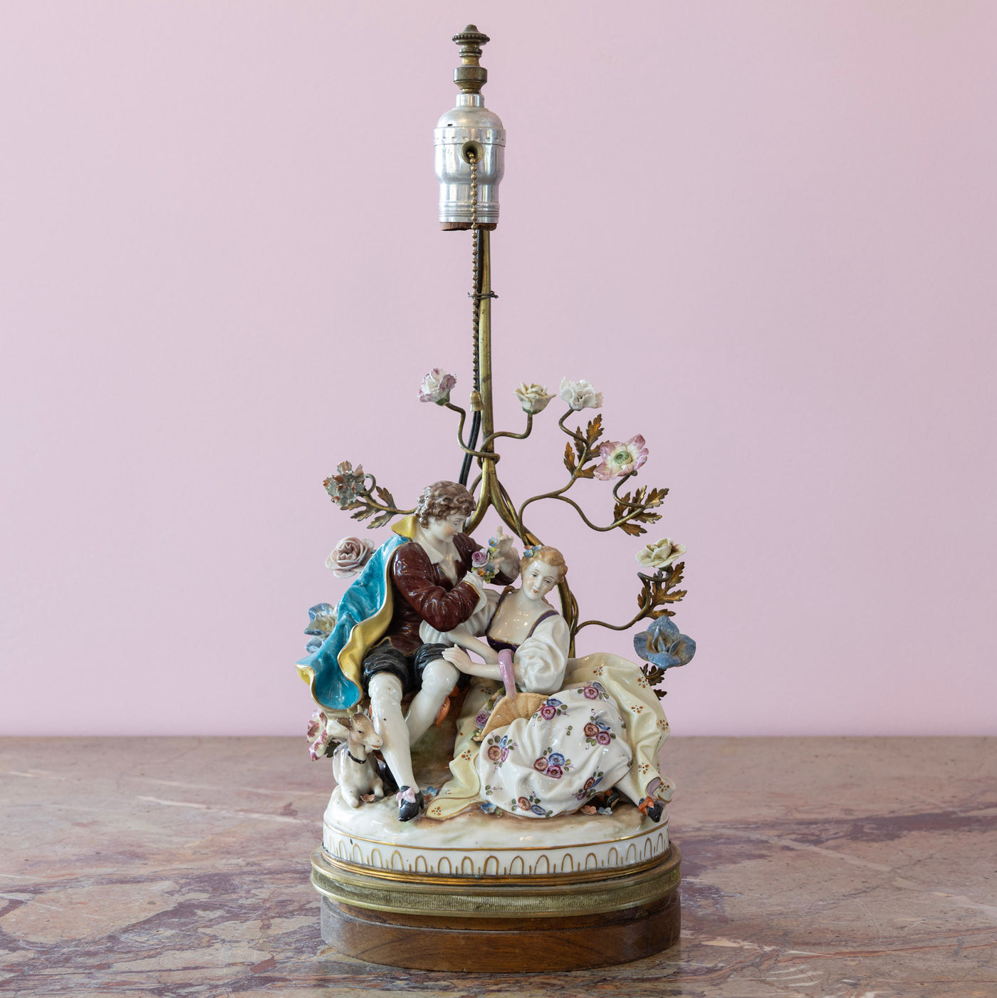 Pair of Porcelain Rococo Style Couple Lamps
