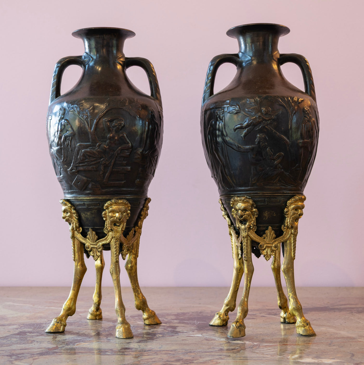 Pair of Neoclassical Black Vases – Gilt Head Carving Base - Vases | Le Chateau (Atlanta, GA) • 1
