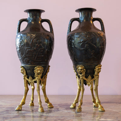 Pair of Neoclassical Black Vases – Gilt Head Carving Base - Vases | Le Chateau (Atlanta, GA) • 1