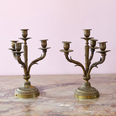 Pair of Bronze Candelabras – Fluted Columns & Acanthus Arms