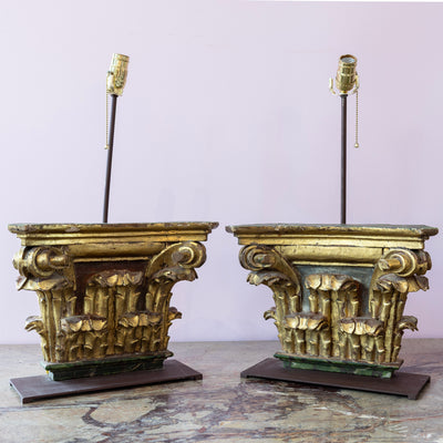 Pair of Gilded Corinthian Column Lamps – Carved Wood Base