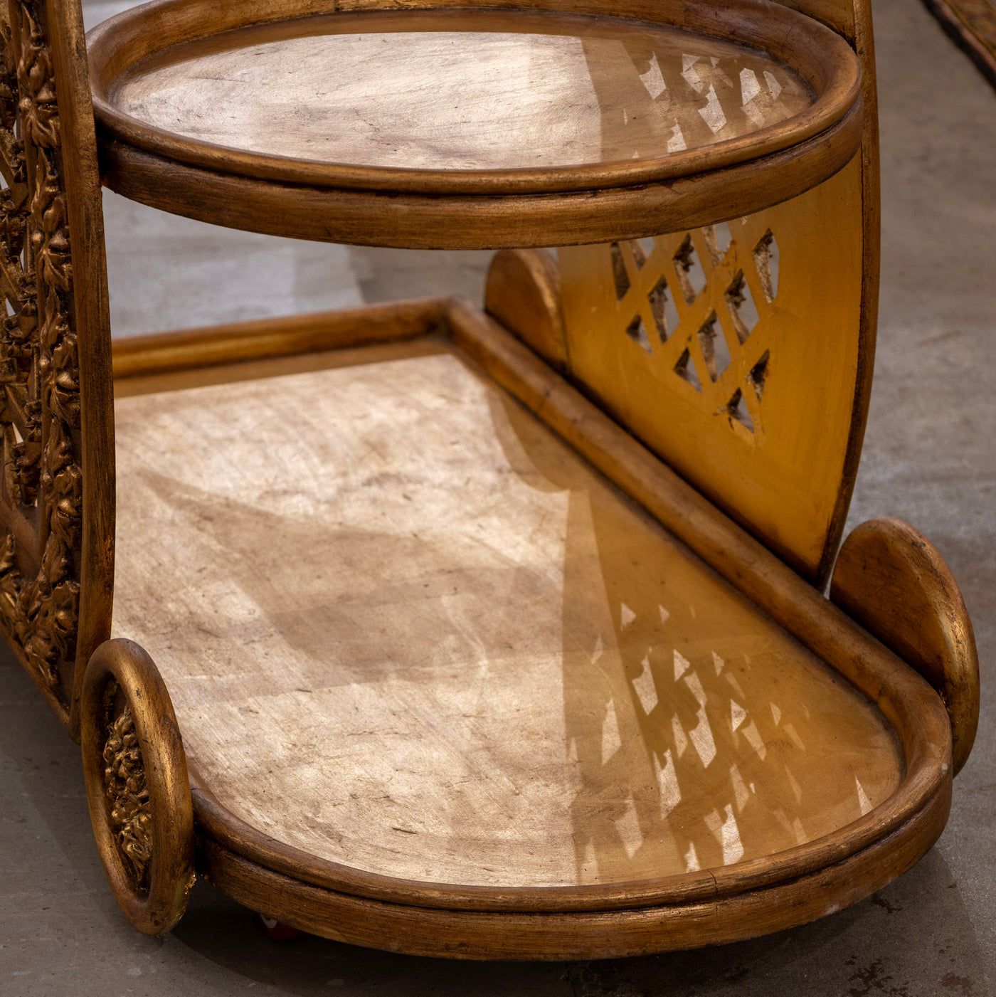 Gilded Italian Bar Cart – Carved Leaf Motifs & Lattice Paneling