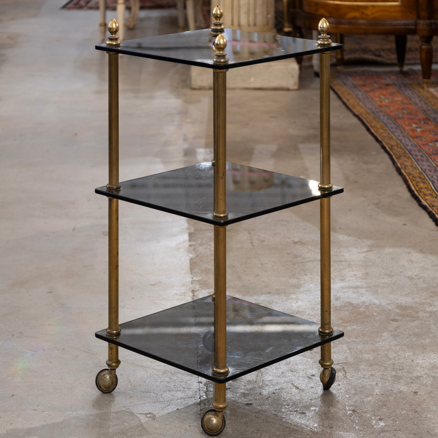 3-Tier Glass Shelf –  Brass Fluted Rolling Display