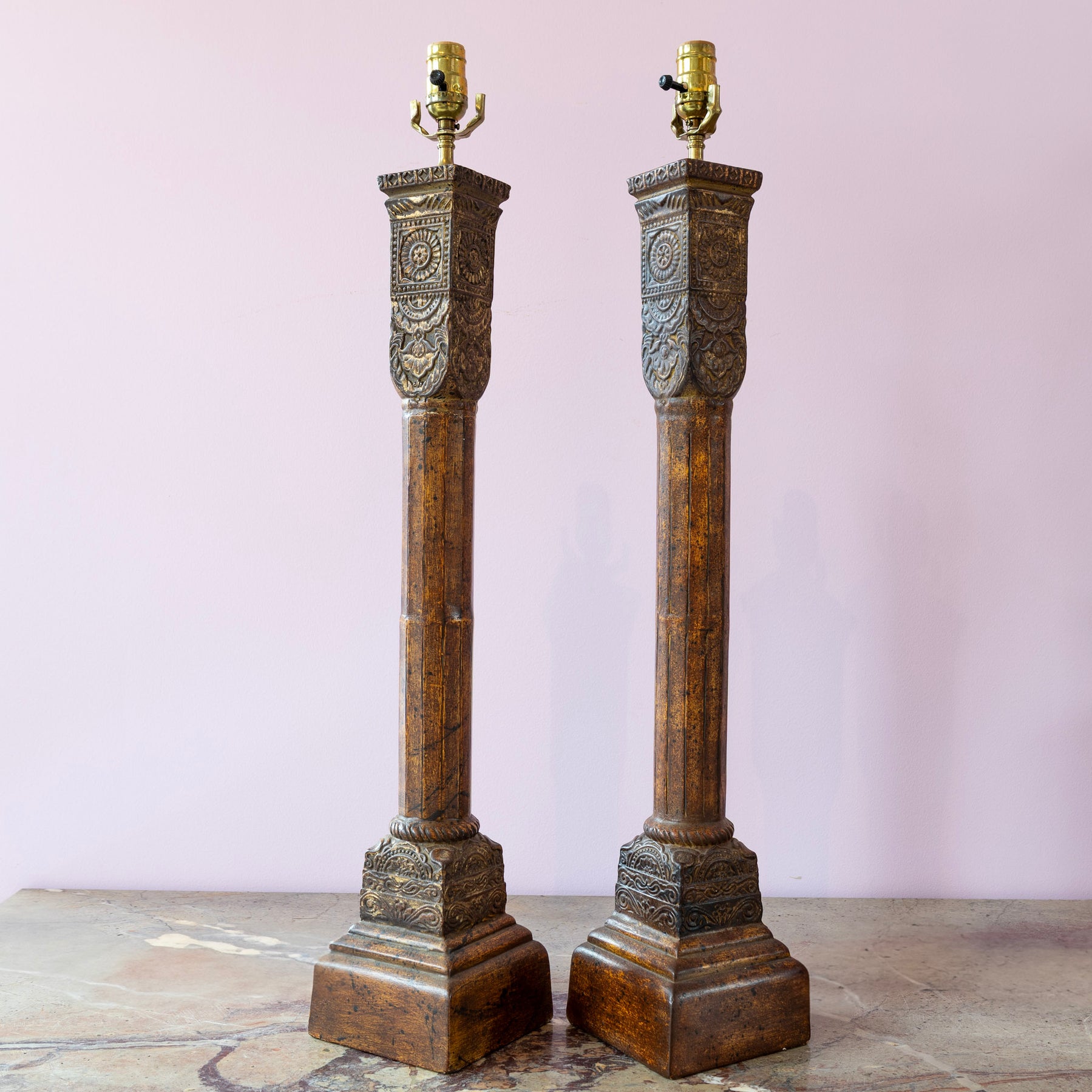 Pair of Louis XVI Tall Column Lamps – Carved Wood Apperance – Le Chateau