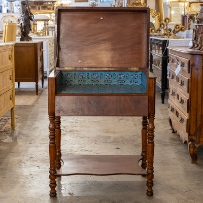 Wooden Jewelry Vitrine – Blue Floral Lined Interior & Brass Hardware