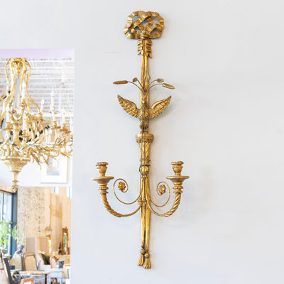 Pair of Louis XVI Gilded Wall Sconces – Carved Ribbon Crest & Eagle Motif