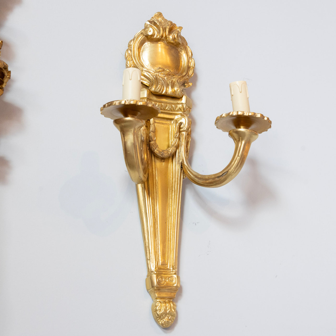 Pair of Louis XVI Gilded Wall Sconces – Carved Crest in Bright Gold