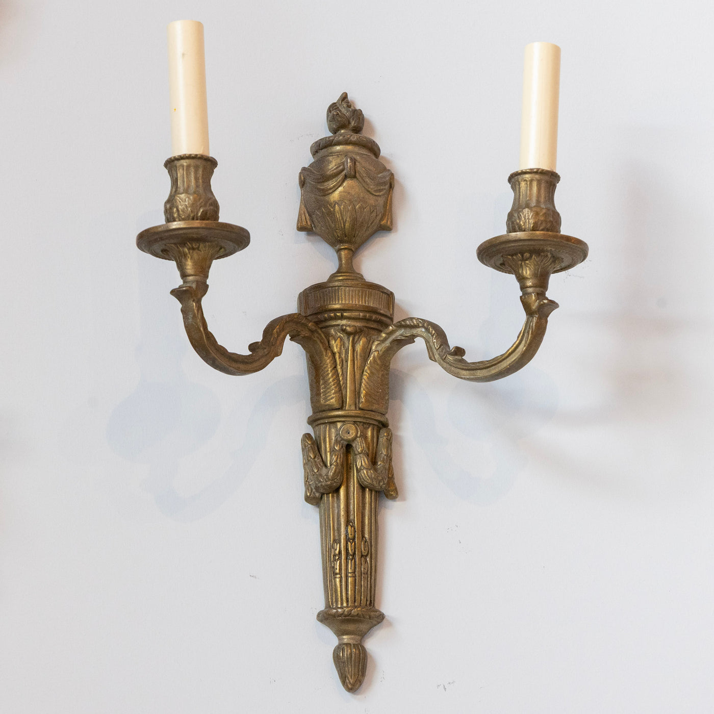 Pair of Louis XVI Dark Brass Wall Sconces – Urn Finial & Laurel Carvings