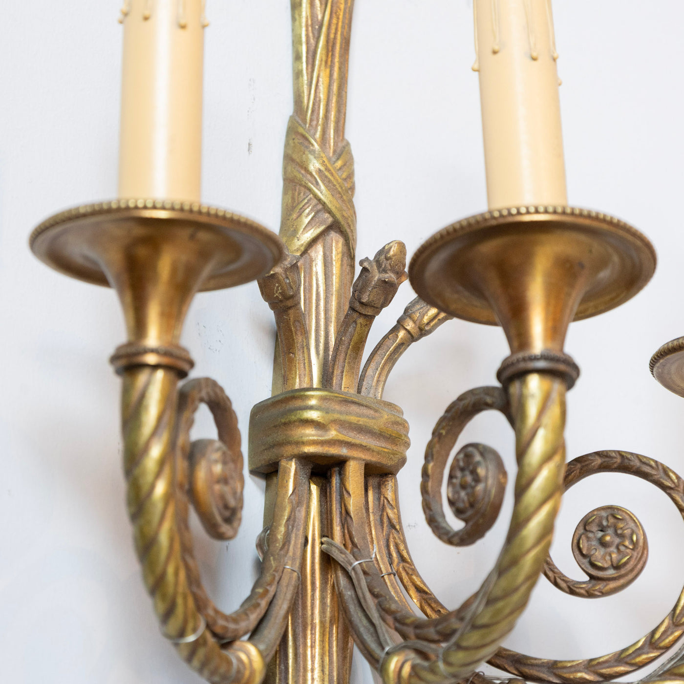 Pair of Louis XVI Brass Wall Sconces – Tassel Frame & Rope Twist Arms - Wired Sconces | Le Chateau (Atlanta, GA) • 5