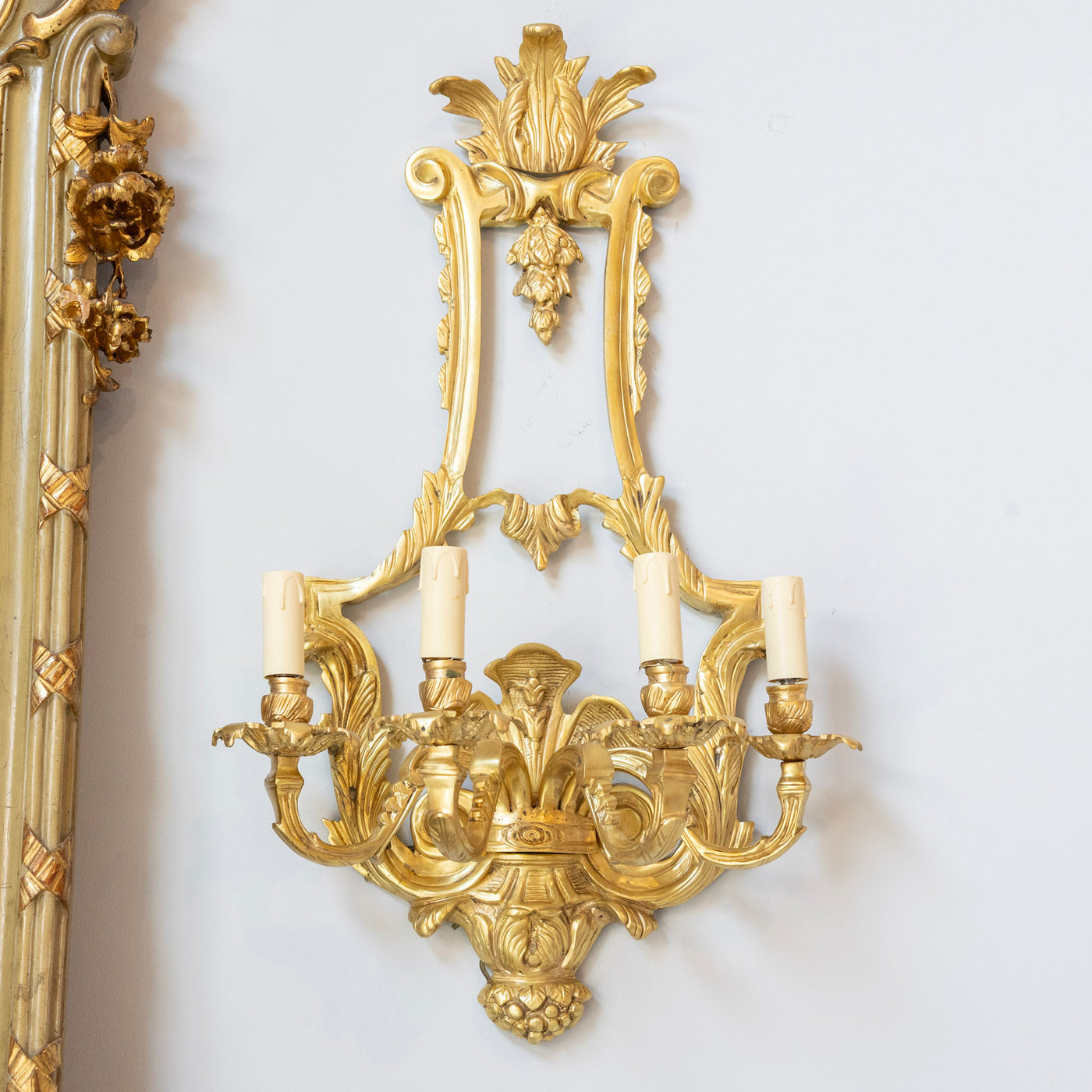 Pair Louis XVI Grand Gilded Wall Sconces – Bright Gold with Leaf Carvings - Wired Sconces | Le Chateau (Atlanta, GA) • 1