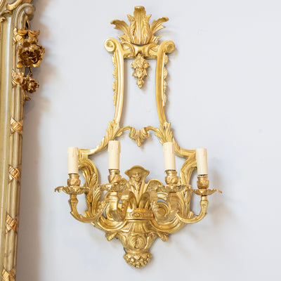 Pair Louis XVI Grand Gilded Wall Sconces – Bright Gold with Leaf Carvings - Wired Sconces | Le Chateau (Atlanta, GA) • 1