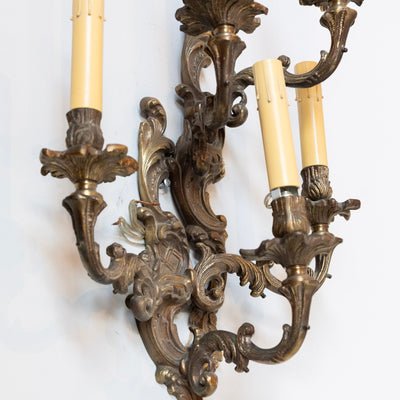 Pair of Louis XV Aged Brass Sconces – Rococo Scrollwork & Five Candle Arms - Wired Sconces | Le Chateau (Atlanta, GA) • 7