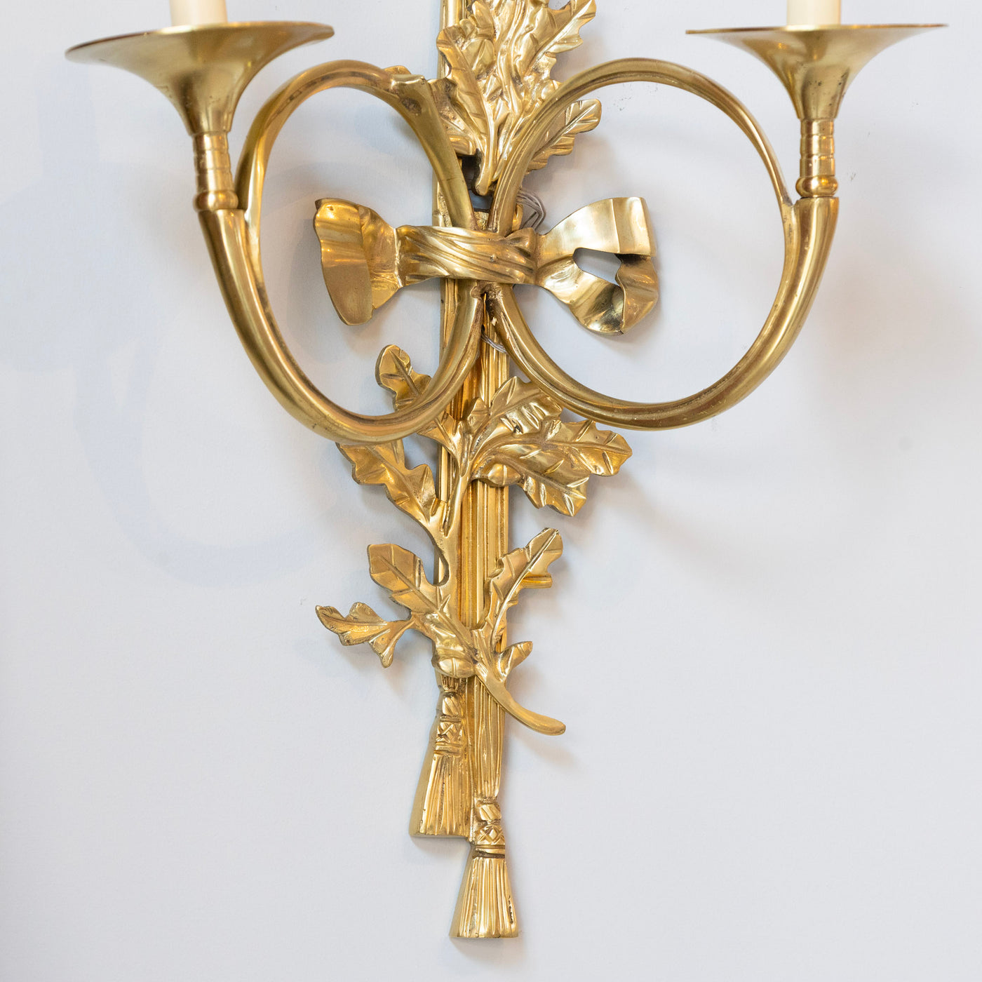 Pair of Louis XVI Brass Sconces – Bow Frame & Laurel Detailing - Wired Sconces | Le Chateau (Atlanta, GA) • 5