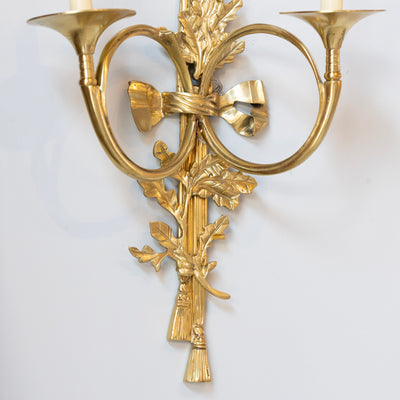 Pair of Louis XVI Brass Sconces – Bow Frame & Laurel Detailing - Wired Sconces | Le Chateau (Atlanta, GA) • 5