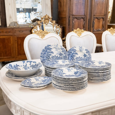 Luneville Hand-Painted Blue Porcelain Dinner Service – 41-Piece French “English Style” Countryside Set (c. 1930s–1950s)