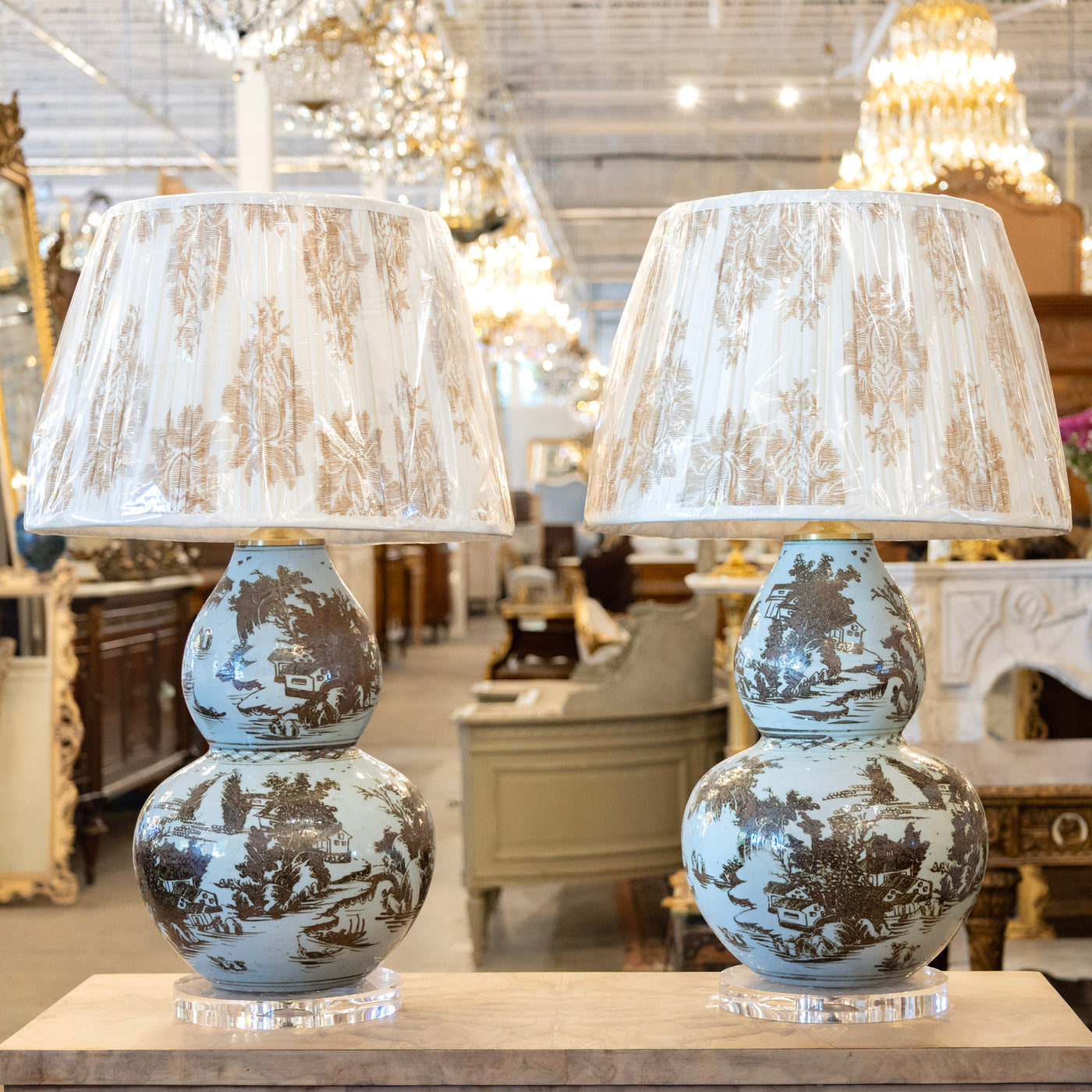 Patterned Lamp Pair of Blue & Brown Toile Table Lamps - Pattern Lamp Shade – Le Chateau