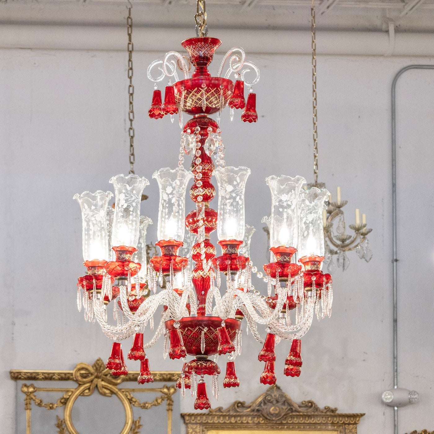 MURANO ムラノ レッド レース ペンダントライト ランプシェード Italian Murano Candelabra Glass Chandelier – Red with Crystal