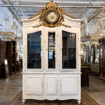 Louis XV Cupboard – Distressed White Finish & Clock Crest