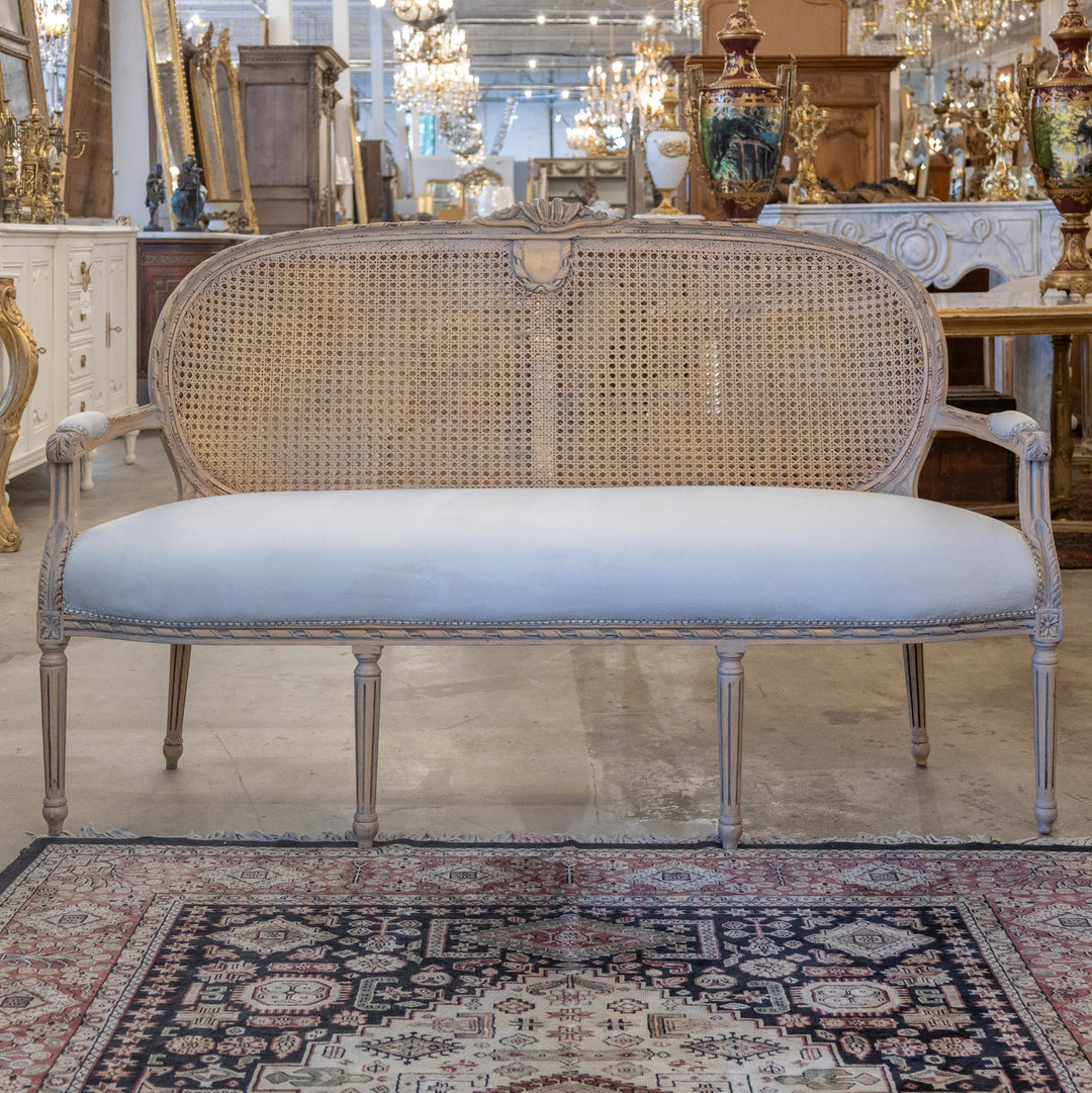 わんこ　ヴィンテージ ソリッド　ボーバックチェアフレンチカントリー Louis XVI Cane Back Sofa - Light Blue Velvet Upholstery – Le Chateau